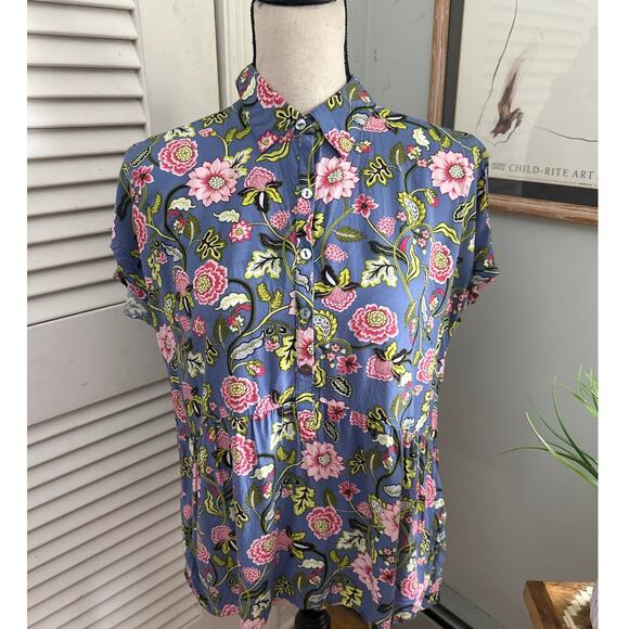 J JILL Womens Top Blue Floral Button Down Summer Feminine Coastal Office SMALL - Picture 1 of 9
